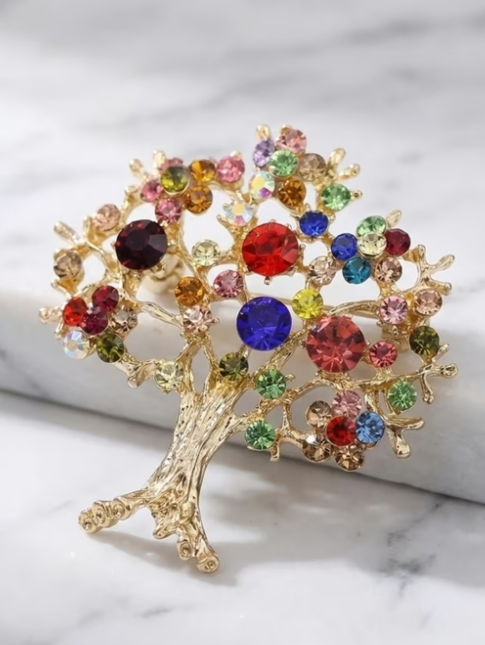 Gold-Tone Multicolor Stone Tree Brooch